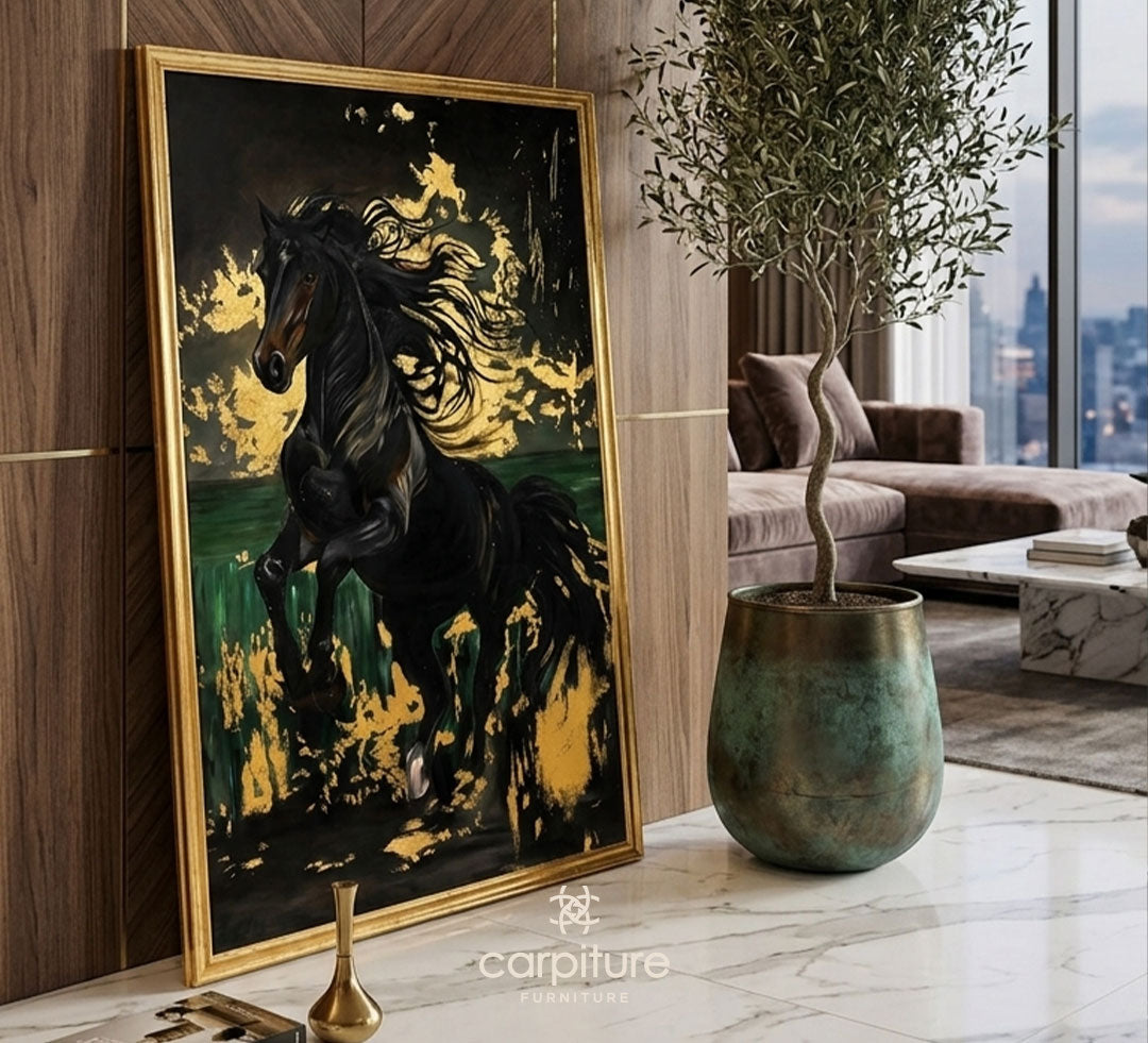 لوحة جدارية الحصان الأسود باللمسات الذهبية